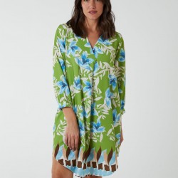 Floral Border Print V Neck Tunic Dress