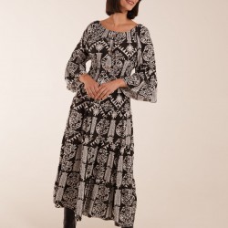 Print Button Front Scoop Neck Maxi Dress