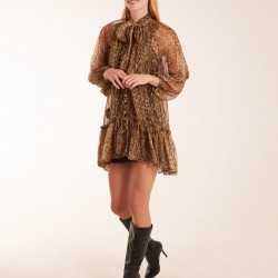 Leopard Print Pussy Bow Frill Shirt Dress