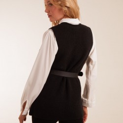 Rib Knit Vest With Blouse With Belt