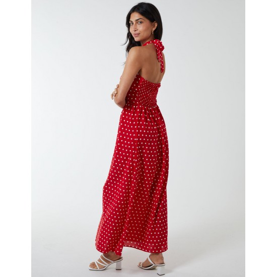 Polka Dot Halter Neck Maxi Dress